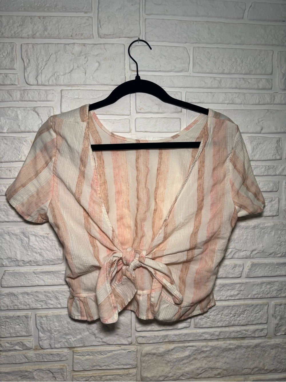 Roxy Striped Tie Front Crop Top Medium Tan Pink Cream Boho Short Sleeve Blouse